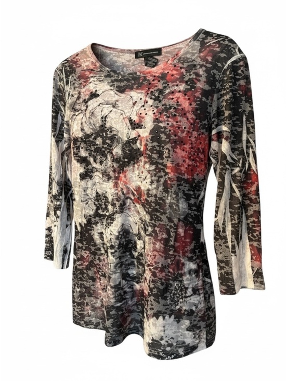 INC International Concepts Floral Abstract 3/4 Sleeve Top in Black Gray and Red